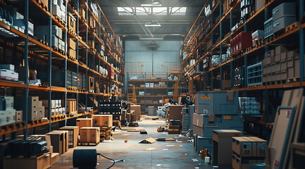 Poster - Warehouse with many electrical repair items with natural light, jewel tones. Generative AI.