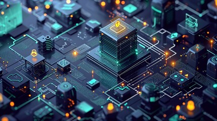 Poster - Digital circuit board with glowing elements and security icons at night