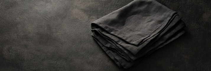 Black Linen. Folded Kitchen Towel on Black Background. Top View with Copy Space