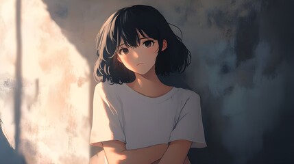 An anime character is shown in a gentle pose, such as leaning against a wall or standing with arms relaxed.