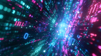 Poster - Abstract digital data flow with colorful binary code and glowing particles in a futuristic space environment