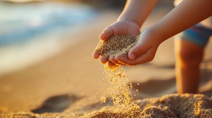 Grains of Sand Flowing Through Hands on Tropical Beach