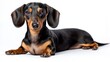 © BerkahStock - A cute black and tan dachshund lying down against a white background.