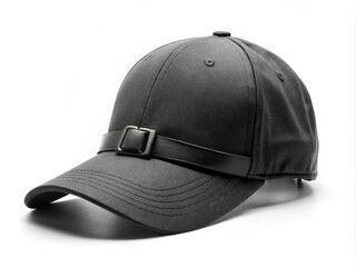 Black baseball cap with adjustable buckle strap, resting on a flat surface, ready for personalization with custom