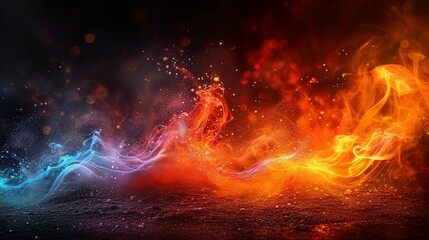 Poster - Colorful fire and smoke blend in a dramatic swirl on a dark background