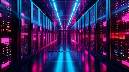 Poster - Modern data center illuminated with vibrant lights at night