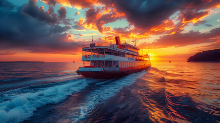 Wall Mural - Sunset Cruise Ship Sailing Through Dramatic Sky - Realistic Image