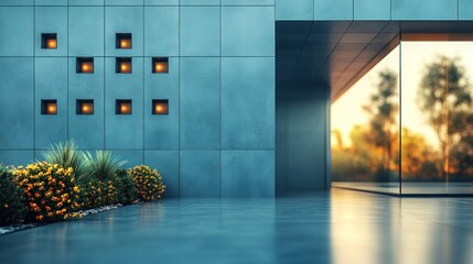 Poster - Modern House with Glass Walls and Sunset View