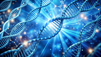 Poster - A detailed representation of DNA strands intertwining against a striking blue background that illuminates the molecular environment, showcasing genetic structure and complexity