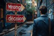 © arti om - An employee getting scolded by a boss with a 'wrong decision' road sign on the office wall