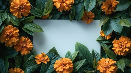 Poster - A beautiful arrangement of Marigold flower and lush green leaves surrounding a blank white rectangular card. The flower are gracefully placed on the left and right sides. Generative AI.