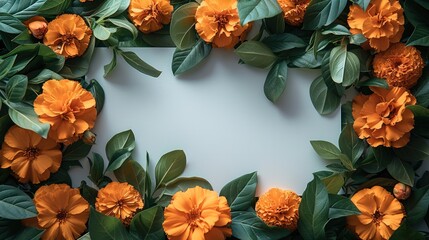 Poster - A beautiful arrangement of Marigold flower and lush green leaves surrounding a blank white rectangular card. The flower are gracefully placed on the left and right sides. Generative AI.