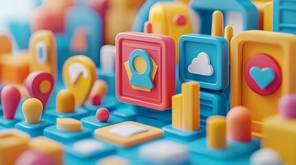 A 3D background of colorful shapes with social media icons, illustrating digital connectivity.