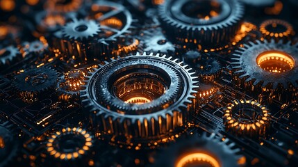 Glowing cogs and gears in an industrial machinery close-up, highlighting the intricacy of mechanical design.