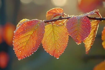 Wall Mural - Dew-Covered Autumn Leaves with Bokeh Background