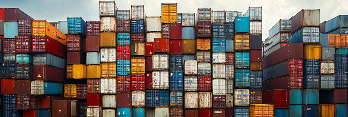 the sheer magnitude of a mountainous stack of containers in a bustling container yard, illustrating the magnitude of international trade and the complex logistics involved