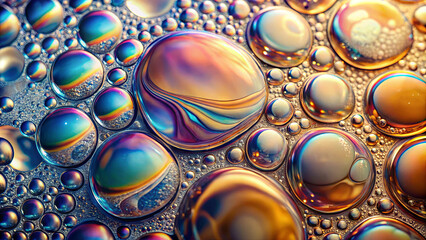 Poster - Bright, round bubbles of various sizes form a vibrant display, reflecting a spectrum of colors. They rest on a smooth surface, illuminated by natural light