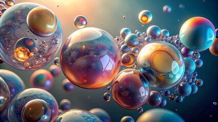 Poster - An array of vibrant, translucent bubbles floats in a tranquil setting, each reflecting light and color beautifully. The scene conveys a sense of calm and creativity