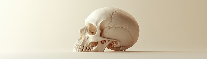 Hyper-realistic 3D render of a skull, every bone feature detailed, isolated on a simple cream background