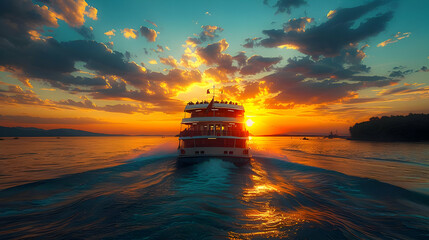 Wall Mural - Sunset Cruise Ship on Calm Waters Illustration