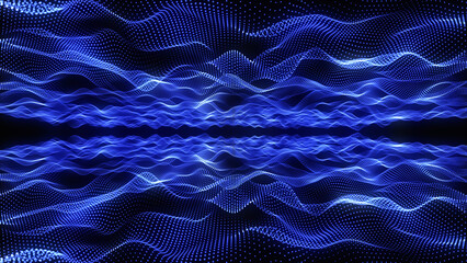 Aufkleber - Futuristic abstract blue glowing waves from dots and particles shining magical neon energy lines from above and below on a black background. 3D abstract digital technology
