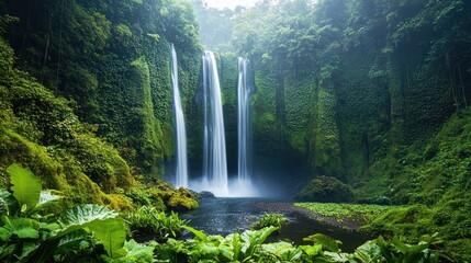 Majestic waterfall surrounded by lush greenery, symbolizing the power and beauty of nature.