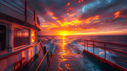 Wall Mural - Fiery Sunset Over the Ocean from a Ship's Deck - Realistic Image