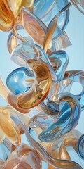 Poster - Colorful glass abstract shapes swirling in the air against a soft blue background