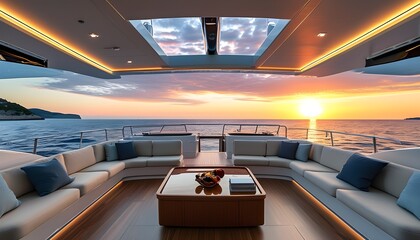 Elegant yacht interior showcasing breathtaking ocean views and a stunning sunset