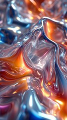 Poster - Vibrant abstract fluid textures in shades of blue, orange, and silver captured with high detail and depth in soft lighting