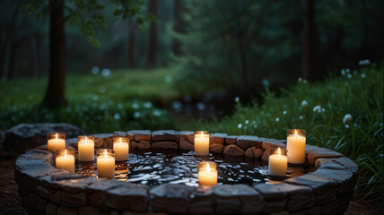 Outdoor stone bathtub among forest meadow with candles and nature view. Romantic calm and wellbeing atmosphere. Spa and relaxation therapy