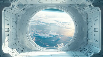 Poster - A large round window in the space station, floating in zero gravity, white interior with window showing earth below, minimalistic design, futuristic vibe. Generative AI.