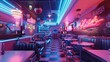 © CRISPIFLY - Neon Diner Interior with Retro Bar Stools and Checkered Floor