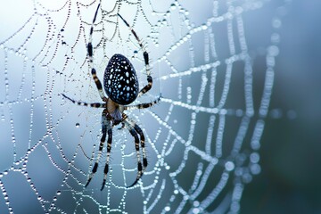 Canvas Print - Spider with White Spots on a Dew-Covered Web