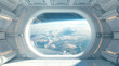 © visoot - A large round window in the space station, floating in zero gravity, white interior with window showing earth below, minimalistic design, futuristic vibe. Generative AI.