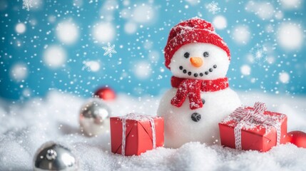 Wall Mural - Merry Christmas winter holiday christmas background banner - Closeup of cute funny snowman with santa claus hat and scarf and red gift boxes, on snowy snow snowscape with snowflakes