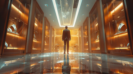 Aufkleber - View from below, A rich man walks through the doors of a jewelry store. Generative AI.