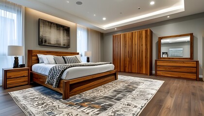 Contemporary bedroom featuring wooden furnishings, spacious bed, and stylish patterned rug