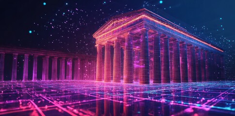 Poster - Digital Temple: A futuristic vision of an ancient structure, glowing in vibrant neon colors.