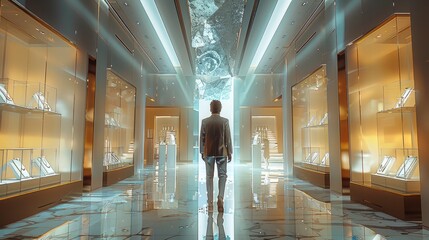 Aufkleber - View from below, A rich man walks through the doors of a jewelry store. Generative AI.