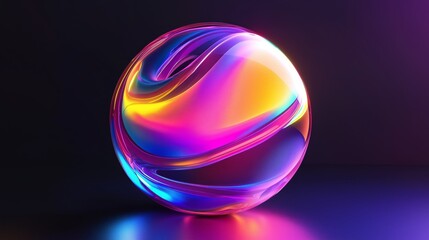 Fototapete - 3D render of an abstract iridescent rainbow gradient sphere with swirling shapes on a black background.