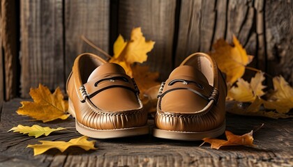 Wall Mural - Rustic leather moccasins among autumn leaves on weathered wood