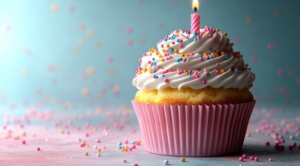 Birthday Cupcake with Candle and Sprinkles