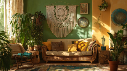 A nostalgic 70s living room setup with a large macramé plant hanger, wicker furniture, and a mix of green, yellow, and brown tones, embodying the retro style