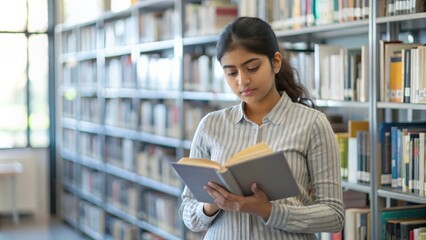 indian student reading book in a library