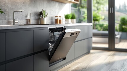 Open integrated dishwaher machine in a modern kitchen