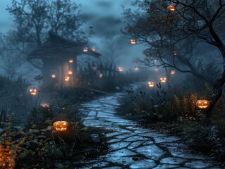 A spooky Halloween night scene with glowing jack-o-lanterns lighting a winding path to a haunted house amidst eerie trees and dark fog.