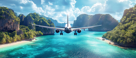 Wall Mural - A plane flying over tropical beach with lush green mountains and clear blue water creates stunning vacation view.