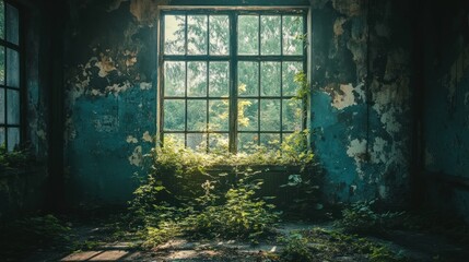 Canvas Print - Overgrown Window in Abandoned Building