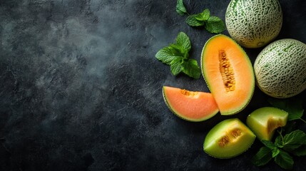 Fresh Sliced Cantaloupe Melon with Mint Leaves on Dark Background